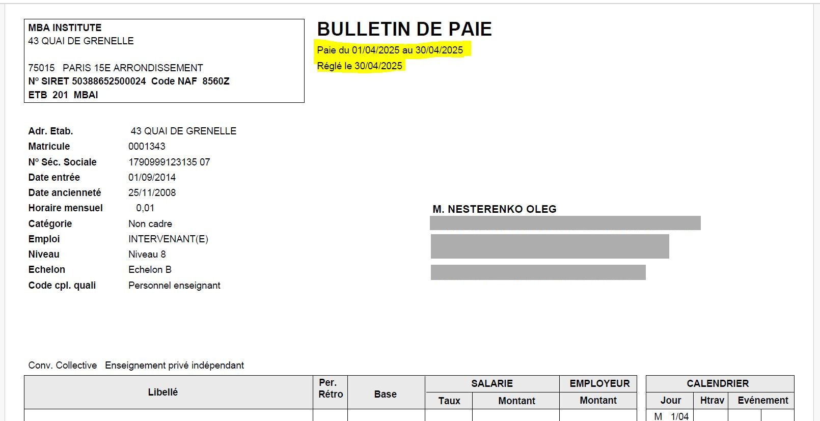 INSEEC/fiche de paie 04/2025
