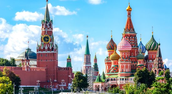 Cathedral of Vasily the Blessed (Saint Basil's Cathedral) and Spasskaya Tower on Red Square, Moscow, Russia